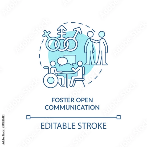 Fototapeta Foster open communication turquoise concept icon. Making DEI efforts efficiency abstract idea thin line illustration. Isolated outline drawing. Editable stroke. Arial, Myriad Pro-Bold fonts used