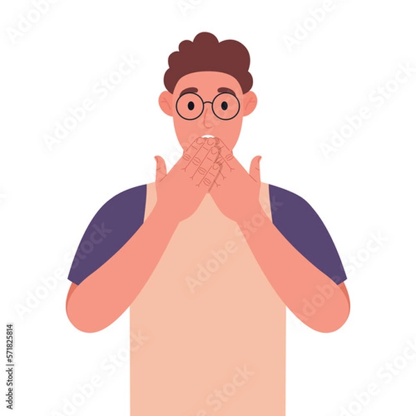 Fototapeta Curly young man in glasses shocked covering mouth with hand for mistake. Expression of fear, scared in silence, secret concept. Vector illustration.