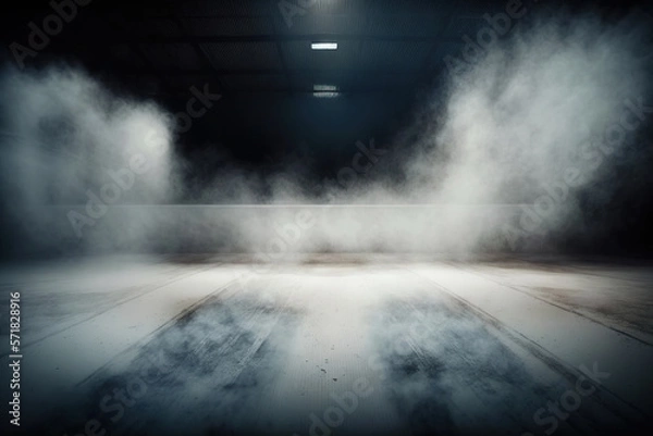 Fototapeta Indoor ice rink with fog and steam empty with no players and arena for spectators, illuminated sophisticates before hockey and figure skating games. Generative AI