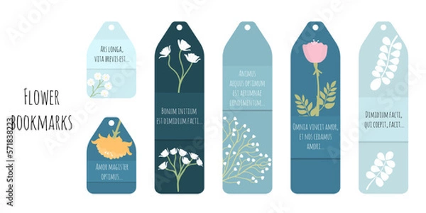 Fototapeta Set of 6 bookmarks in blue colors, decorative plants and latin quotes. Botanical illustration. Minimalistic bookmark templates for reading. Isolated on white background.