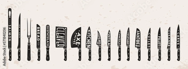 Fototapeta Set of Vintage monochrome Knives object  with typography vector Illustration