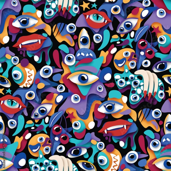 Fototapeta Psyhodelical Pattern with Thousand Eyes Looking Into the Soul, Witchcraft Vibes. Surreal Design on Black. Pop Art Cartoon Style with Stains. Seamless Pattern, Endless Texture. Vector 3d Illustration