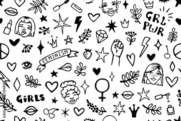 Fototapeta Vector seamless pattern with hand drawn elements on feminism theme: faces, raised fist, slogans, symbols, lips, hearts, branches and stars.