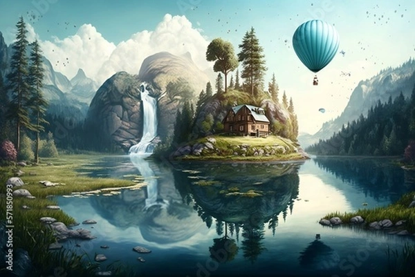 Obraz Surreal Float Landscape with Waterfall Paradise Made with Generative AI