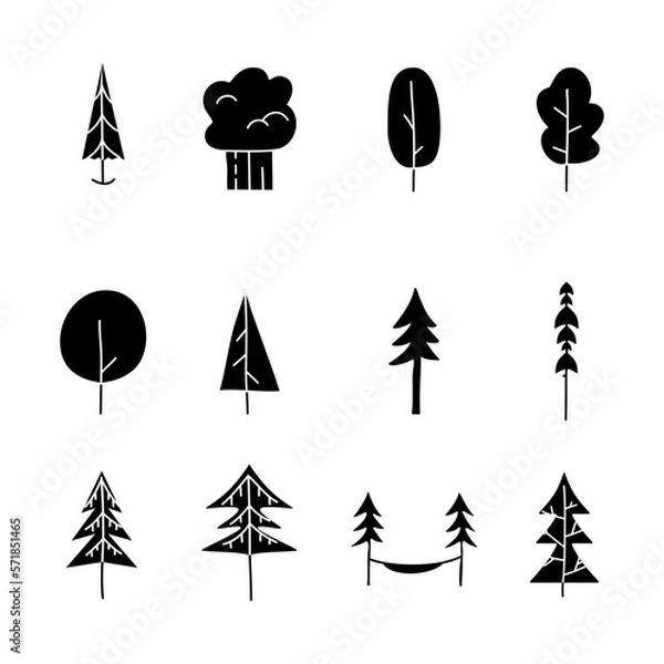 Fototapeta Simple silhouette tree icons collection. Line art trees. Stock vector linear nature symbols set for web