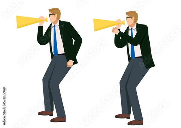 Fototapeta メガホンを持って叫ぶポーズの8等身の白人の男性のイラスト2点セット　応援メガフォン拡声器　絶叫