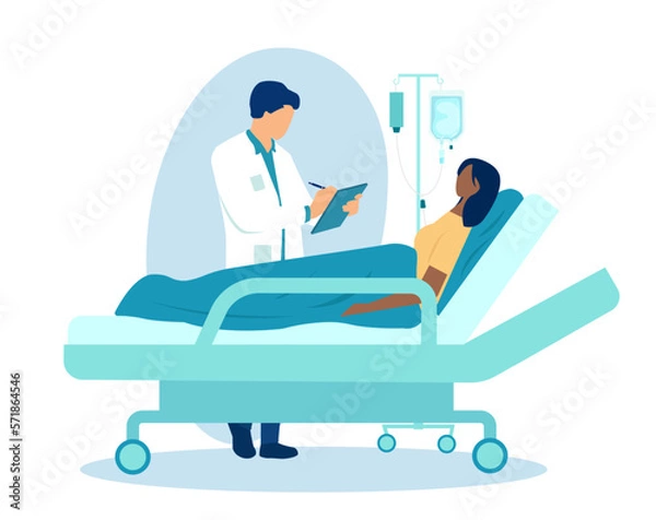 Obraz Vector of a doctor checking up on a patient lying on bed with dropper during treatment in clinic