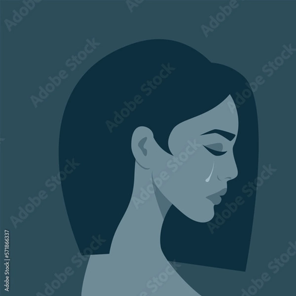 Fototapeta Portrait of a crying woman in grey blue tones. The concept of victim, resentment, depression.