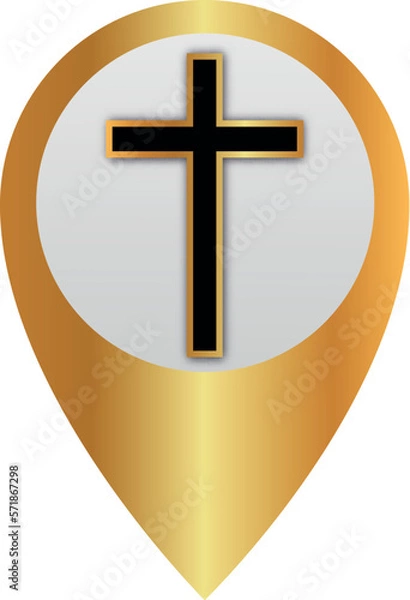 Obraz Map pointer with golden christian cross Icon. Vector