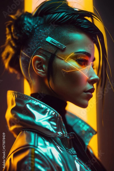 Fototapeta Sideways close-up portrait of a young beautiful cyberpunk woman wearing augmented reality goggles. Generative AI 