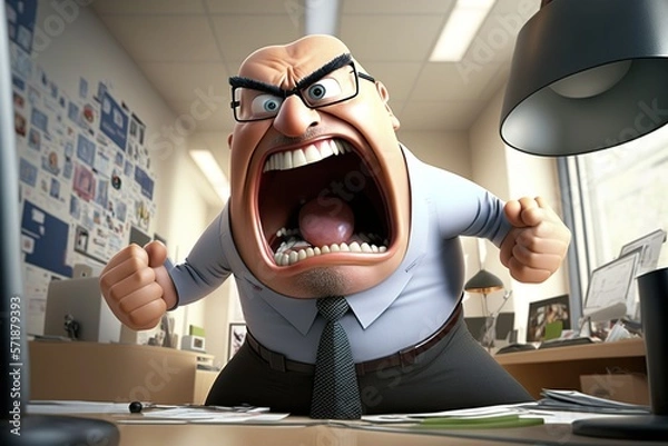 Fototapeta an illustration of an angry screaming male boss in an office as a cartoon character