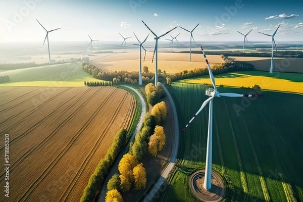 Fototapeta Wind turbines in agricultural field. Photo generative AI.