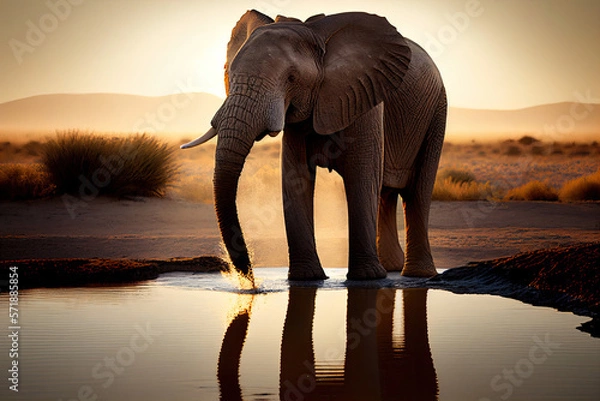 Fototapeta Elephant at sunset, standing at the edge of a watering hole. Generative AI