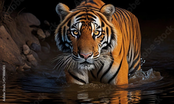 Fototapeta Bengal tiger with a bright orange coat that shimmers in the sunlight. Generative AI