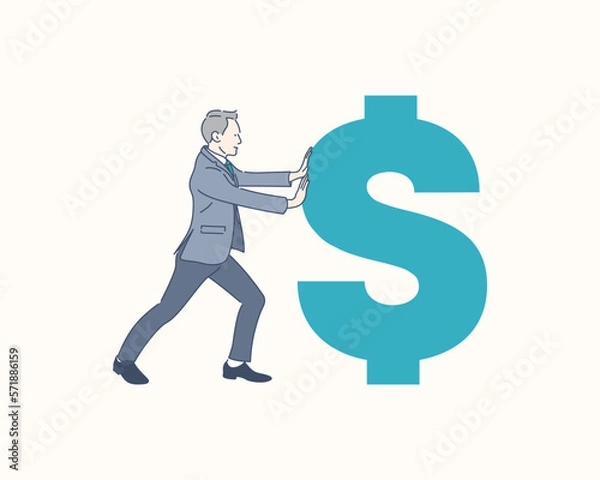 Fototapeta Businessman pushing dollar sign, income increase. hand drawn style vector design illustration