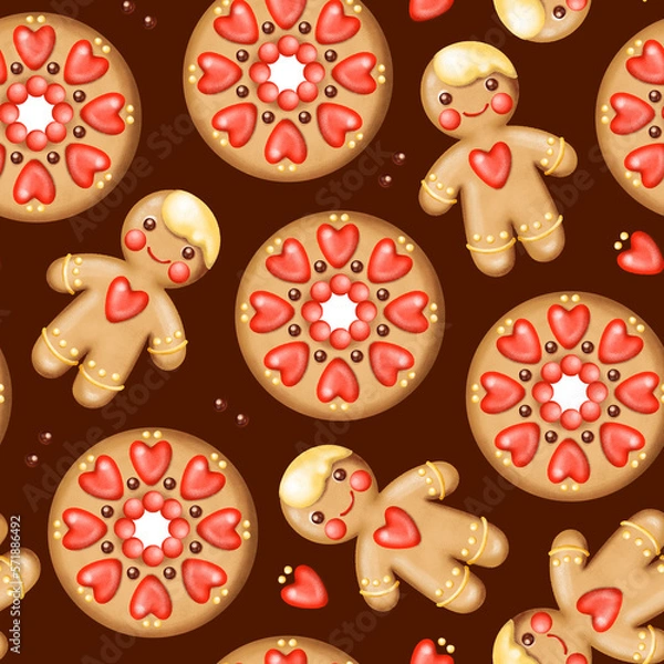 Obraz Gingerbread man and round gingerbread - seamless pattern
