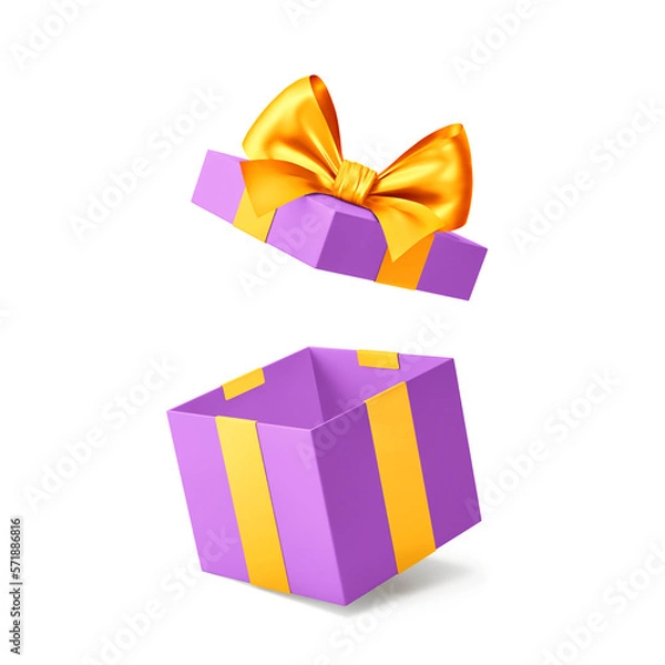 Fototapeta Purple open gift box with yellow ribbon and bow isolated on white. Clipping path included