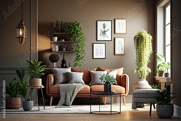 Fototapeta modern living room interior, neutral colours, chic and elegant design, green space, Generative AI