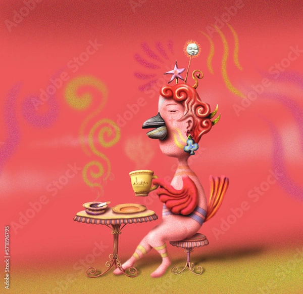 Obraz コーヒーで一服している鳥の妖精-i3