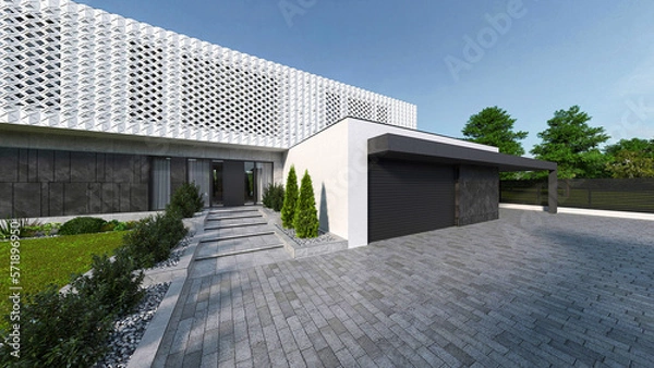 Fototapeta 3D visualization of a luxury house with a unique facade. Modern house on a large plot with panoramic windows