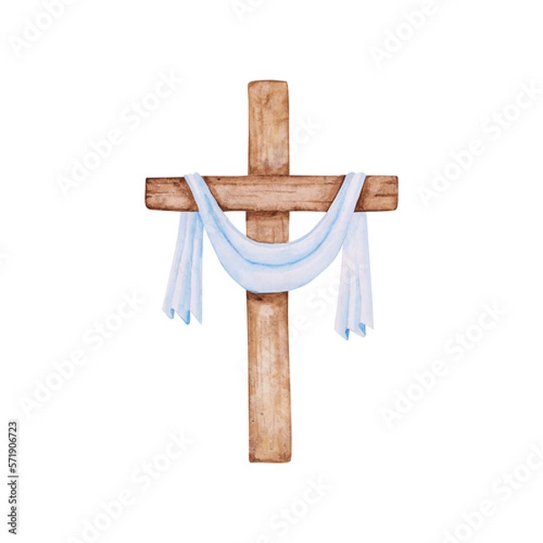Fototapeta Religious cross isolated on a transparent background. Watercolor wooden Christian cross with a piece of blue fabric. The hand-painted catholic or orthodox symbol for the first community and Easter.