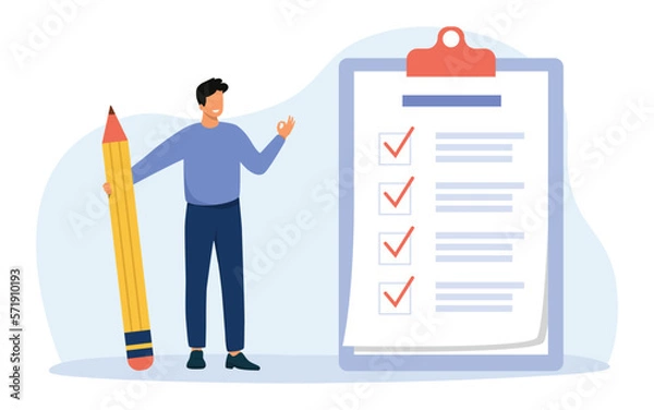 Obraz Clipboard with checklist. Businessman holding pencil at big complete checklist with tick marks. Check list with tick mark, businessman with questionnaire. Vector illustration.