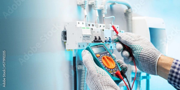 Obraz Electrician engineer work tester measuring voltage and current of power electric line in electrical panel. Banner with copy space.