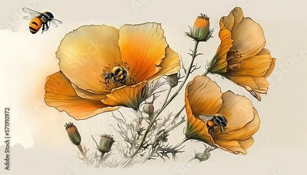 Obraz  a drawing of a bunch of flowers with a bee on it.  generative ai