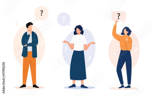 Obraz People asking questions illustration. Cartoon character thinking - trying to find a solution with question mark. Vector illustration.