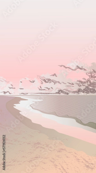 Obraz Vector image, evening beach with calm pink water