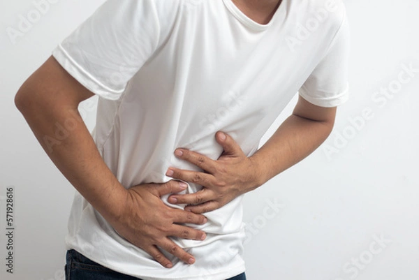 Obraz man having abdominal pain on white background