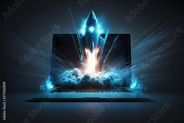 Obraz Digital illustration of rocket and laptop, background with blue neon light. Generative AI