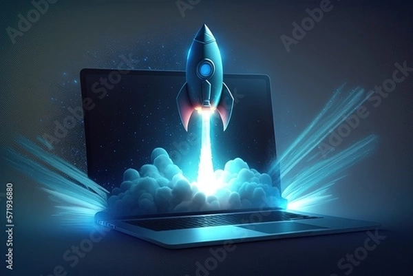 Obraz Digital illustration of rocket and laptop, background with blue neon light. Generative AI