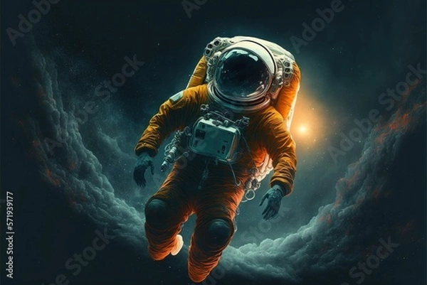 Obraz Astronaut wearing orange suit floating in space with stars, created using generative ai technology