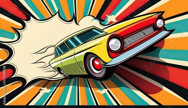 Fototapeta Retro car on colorful striped background. Comic book style generative ai illustration