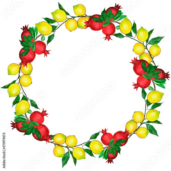 Obraz Hand-painted art template with red pomegranates, lemons and green leaves. Suitable for social media posts, postcards, invitations, mobile apps, banners design and web ads, prints and more. 