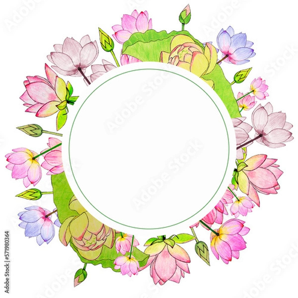 Obraz Hand-painted round frame with pink lotuses, lilies, buds and green leaves. Suitable for social media posts, postcards, invitations, holidays, weddings, web ads and pages, prints and more. 