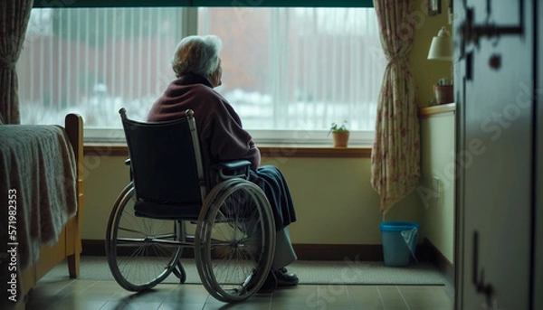 Obraz Lonely elderly senior woman in a wheelchair in nursing home looking out the window, Generative AI