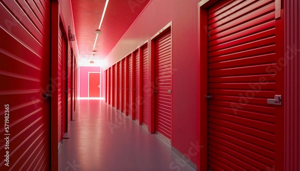 Fototapeta Inside a long row of red color doors of modern clean storage facility, Generative AI