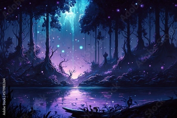 Fototapeta A magical, dark purple forest surrounding a serene lake, generative ai