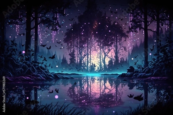 Fototapeta A purple fantasy forest with a reflective pond, magical trees, and a sparkling sky, generative ai