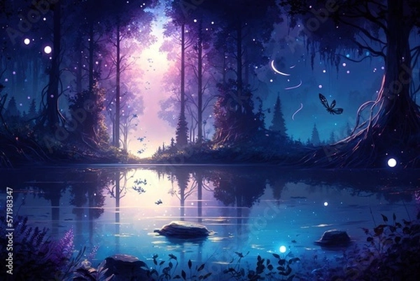 Fototapeta A fairy tale like forest with purple hues, a reflective lake and magical trees, generative ai