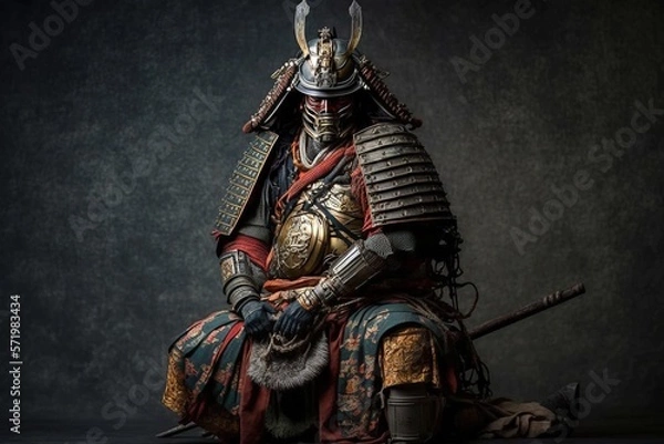 Fototapeta A epic samurai warrior in full body armor, dark background, generative ai