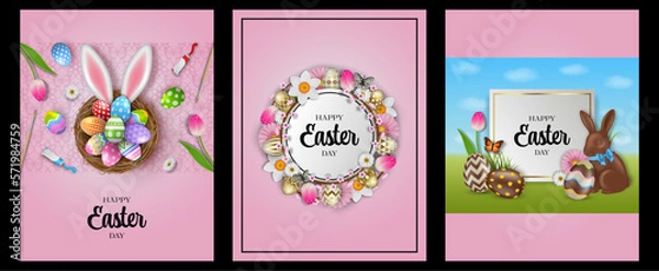 Fototapeta set of easter cards with flowers and colorful eggs. decorated eggs in a nest with bunny ears. round frame with flowers and gold eggs. white and gold label with chocolate eggs and on spring landscape