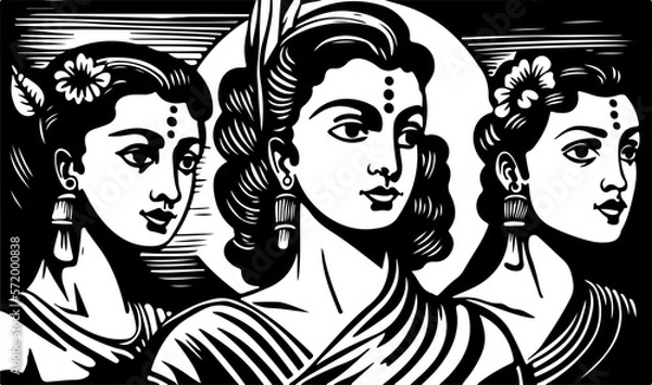 Obraz Beautiful and trendy black and white linocut popart or colouring page of an indian women