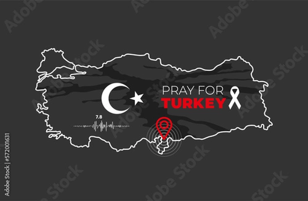Fototapeta Pray for Turkey Vector illustration of a map of Turkey with the text. Map of Turkey in color of national flag with cracks. Turkey earthquake. Vector illustration