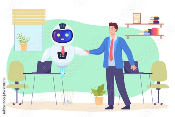 Fototapeta Male employee meeting robotic assistant in office. Businessman shaking hands with robot or cyborg flat vector illustration. Artificial intelligence, automation, technology, business concept for banner