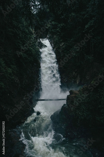 Obraz Most nad dużym wodospadem w pięknej kanadyjskiej pustyni po deszczu w nastrojowym mglistym dniu