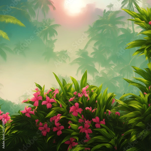 Fototapeta Landscape of a tropical island with palm trees and flowers, 80s retro style. Generative AI