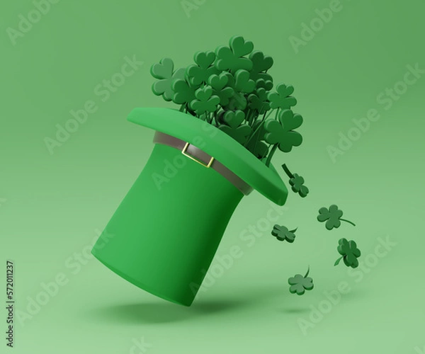 Obraz Hat with clovers on green background. 3d render illustration